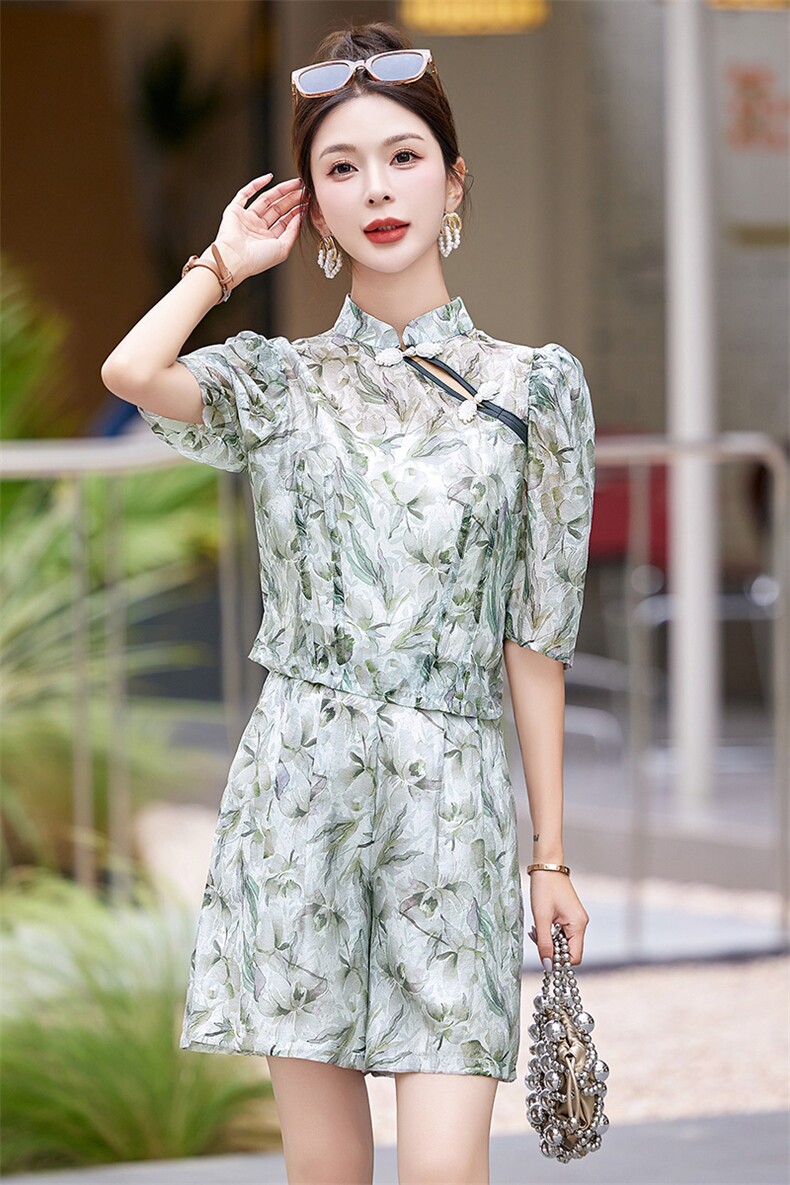 2024夏装新款新中式优雅时尚清爽短裤套装两件套,女装套装/套裙,妙形