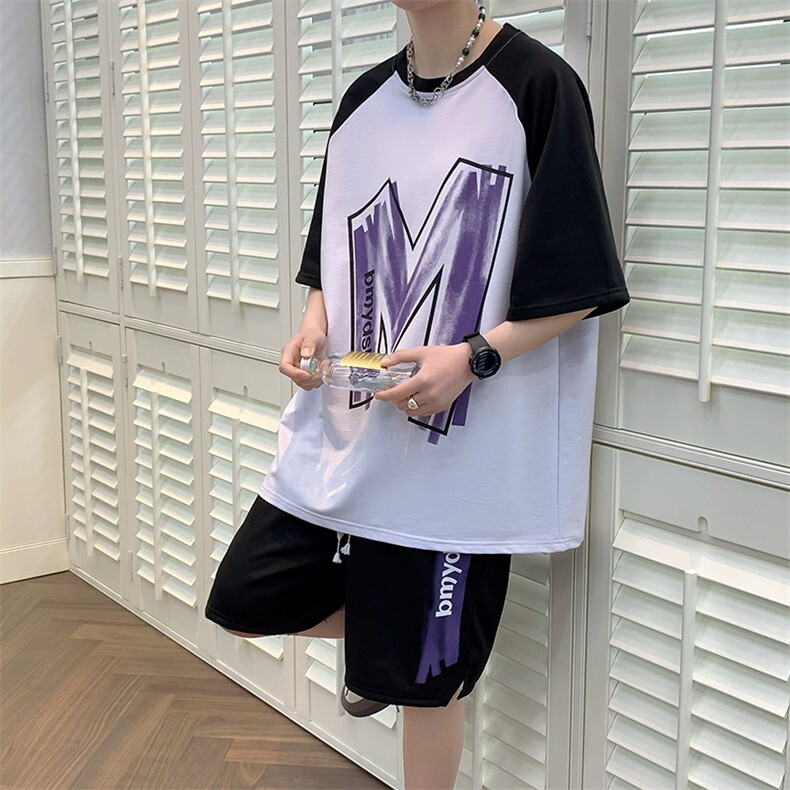 新款夏季短袖T恤冰丝套装港风透气凉爽宽松休闲潮流男装TZ325P48,男装休闲套装,电商A086