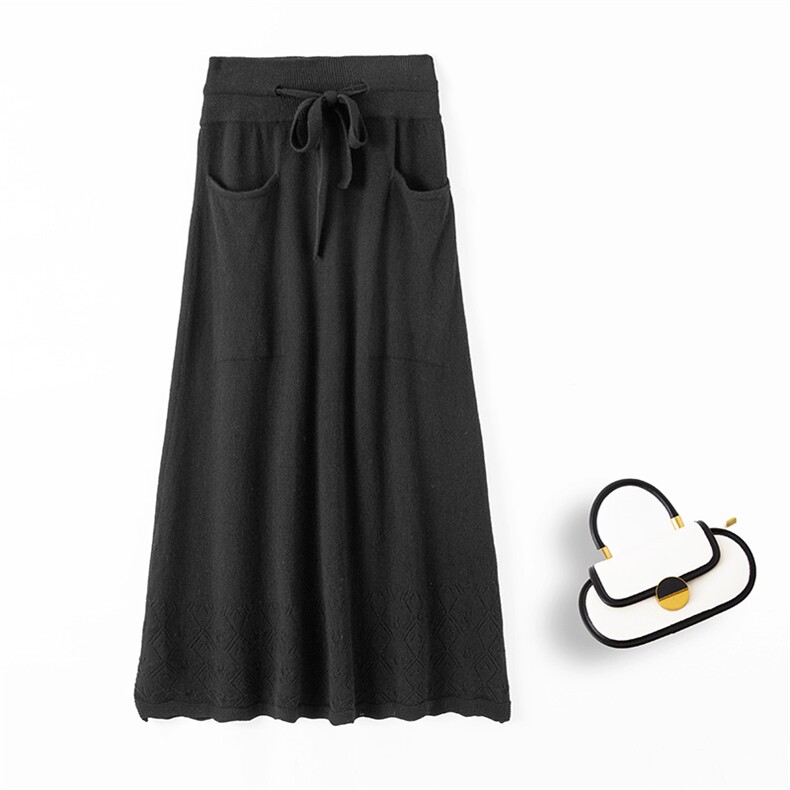 2023秋冬新款羊毛材质纯色带兜下摆花型半身裙针织裙女，女装半身裙，赛冬羊绒