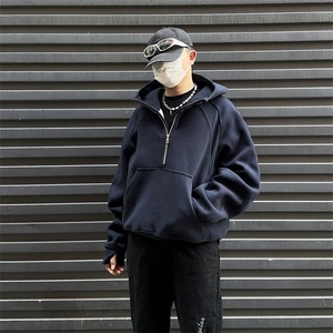 抖音得物二开 美式重磅宽松结构拉链设计防风高领连帽卫衣外套W76图片