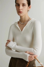 连帽抽条半拉链修身打底衫2025年女显瘦时尚，女装针织衫/毛衣，绒织韵羊绒
