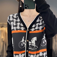 2024春秋新款真丝外套女V领拼接羊毛开衫印花宽松韩版针织衫毛衣，女装羊毛衫，科源羊绒