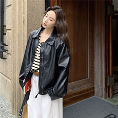 休闲复古翻领黑色皮衣外套女春秋2025新款漂亮PU夹克韩里韩气甜美，女装皮衣，2C261