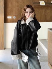 美式复古高级感条纹撞色PU皮衣外套女2025春秋季新款韩系显瘦夹克，女装皮衣，蝶眷