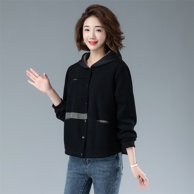 时尚百搭千鸟格拼接连帽外套显瘦保暖冬装女装短款上衣,女装短外套,余墨