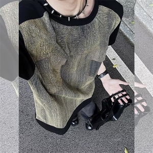 美式复古街头牛仔拼接短袖t恤男夏季新款时尚设计感撞色宽松上衣图片