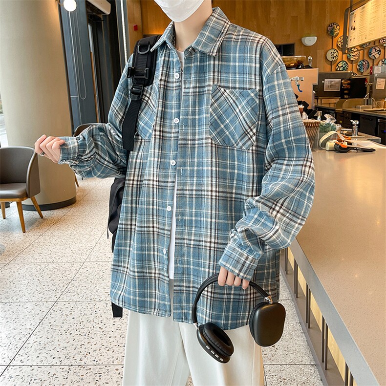 美式复古格子衬衫男春季情侣宽松百搭慵懒风长袖衬衣C0393-P40,男装衬衫,星座308B-2