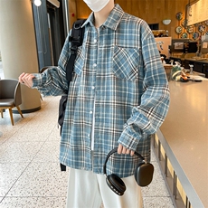 美式复古格子衬衫男春季情侣宽松百搭慵懒风长袖衬衣C0393-P40，男装衬衫，星座308B-2
