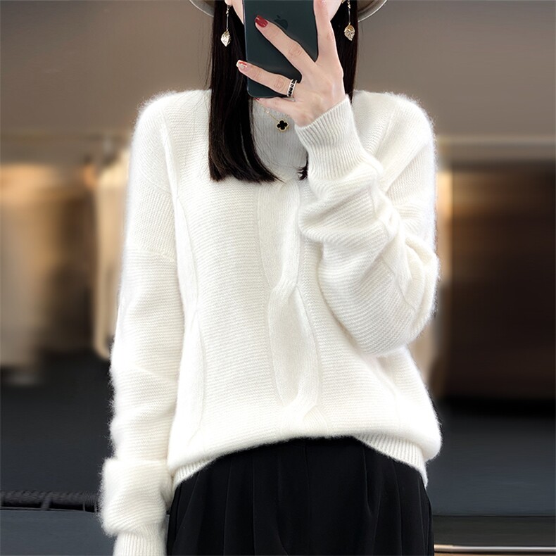 100%纯羊毛衫女圆领麻花长袖毛衣秋冬新款宽松显瘦羊绒针织打底衫,女装羊毛衫,美雪羊绒