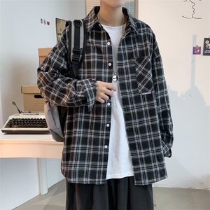 衬衫男2025春季新款港风大码宽松长袖磨毛格子衬衣CS37-P38图片