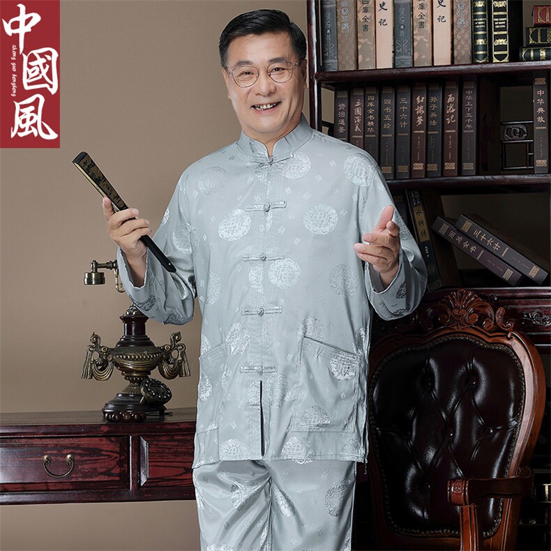中老年唐装男春秋仿长袖套装风爷爷中式生日过寿婚礼衣服,男装中老年男装,钱塘723