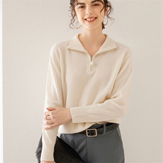 2024秋装新款拉链领菱形格纹宽松显瘦长袖35%羊绒衫，女装羊绒衫，旭友羊绒