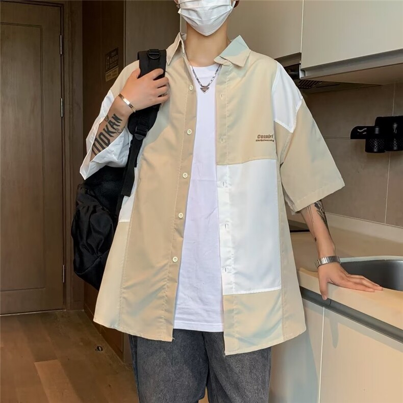 衬衫男短袖韩版潮流高街帅气拼色2023秋夏季新款ins外套CY487-P38图片