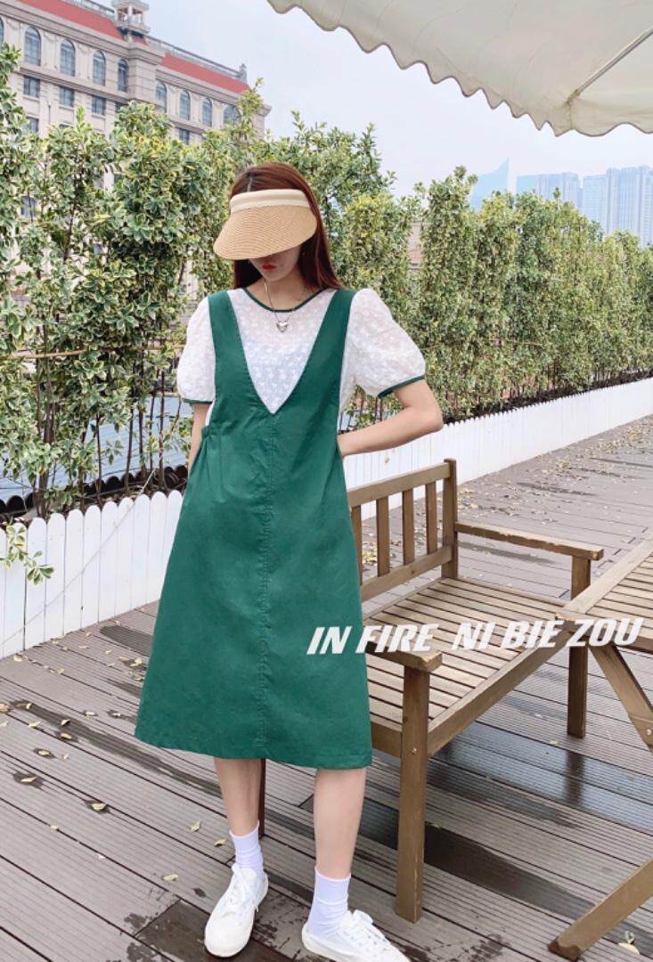 夏季新款两件套设计背带连衣裙，女装连衣裙，你别走