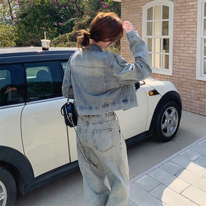 重工烫钻牛仔外套阔腿裤套装两件套时尚2025春季新款女装又a又飒图片