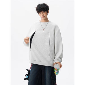 WY10152-特P45 控78 小众撞色拼接破缝假两件大码男大码情侣卫衣图片