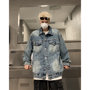 复古水洗做旧牛仔外套男春秋季潮牌美式高街痞帅工装夹克宽松上衣图片