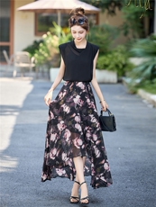 法式绝美气质套装裙女2025夏季新款无袖衬衣碎花鱼尾半身裙两件套，女装套装/套裙，尚娜萱