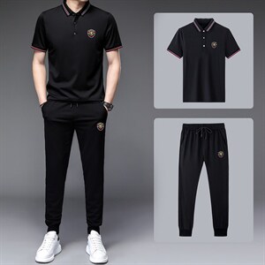 套装男短袖2023夏季款长裤上衣休闲服饰小脚束脚裤夏圆领打图片