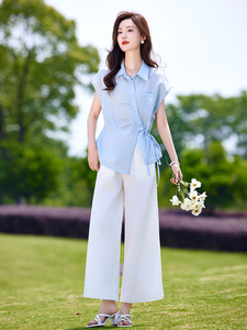 时尚休闲套装女夏季薄款2025新款高级感减龄短袖衬衫阔腿裤两件套图片