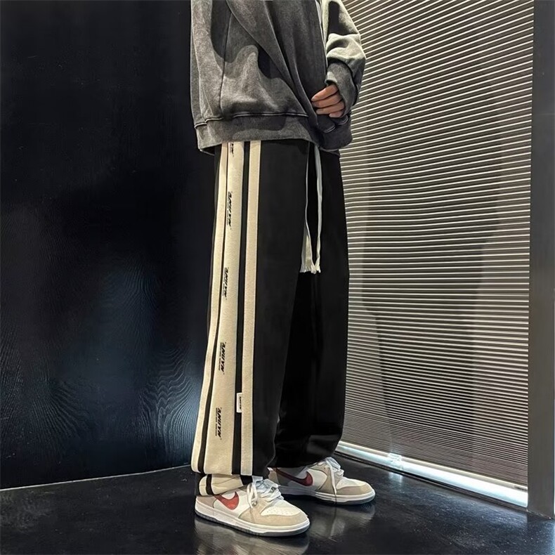 男秋季新款港风休闲裤麂皮绒拼接宽松直筒运动长裤Z111P43,男装休闲裤,星座1116-2