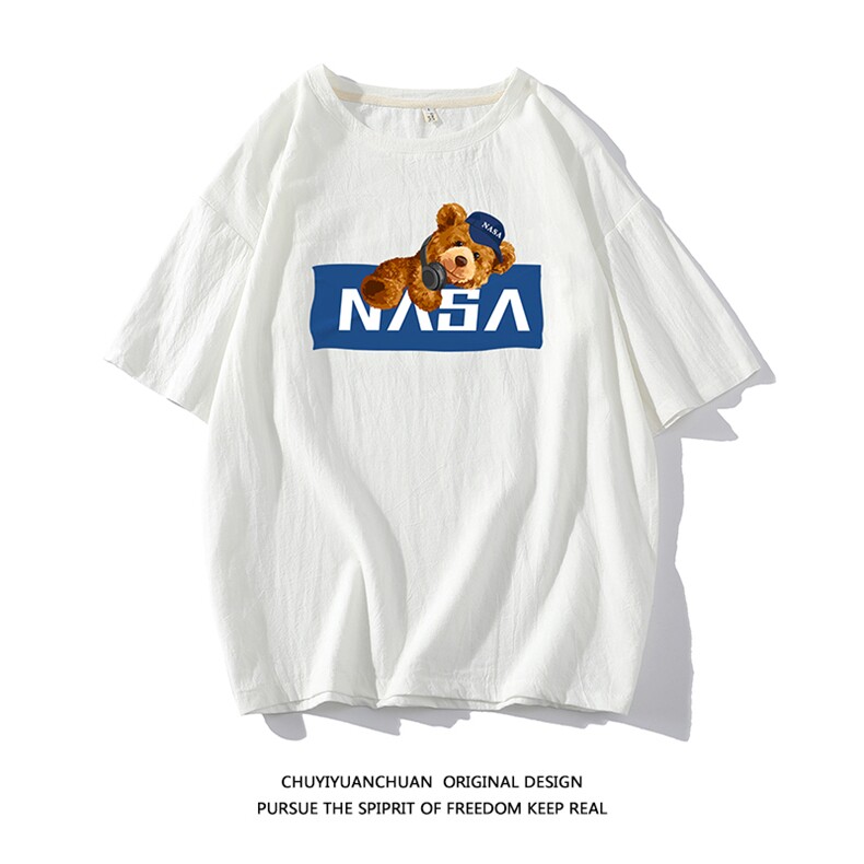 NASA亚麻短袖t恤男大码五分袖男宽松七分袖 白底YT26247-P30图片