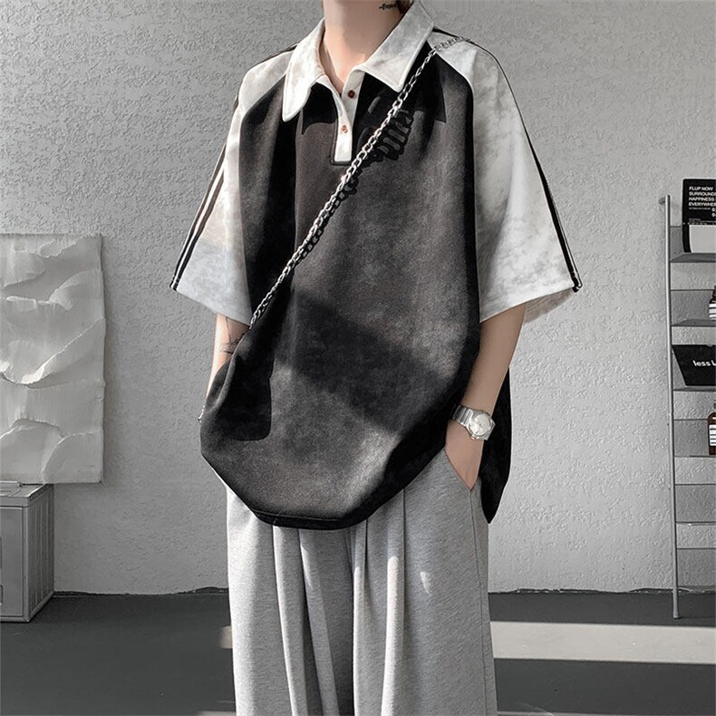 现货DX10117-特批40控78翻领撞色拼接美式插肩袖织带设计POLO衫,男装T恤,电商A059
