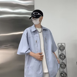 拉链设计感美式高街衬衫男女宽松短袖潮牌夏复古翻领上衣 C360图片