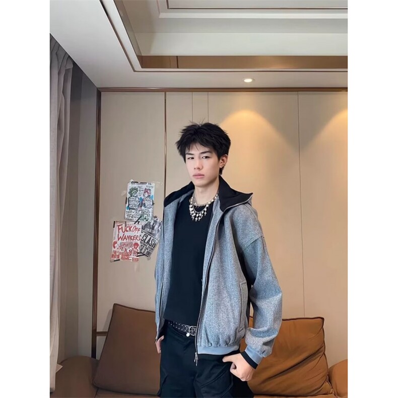 美式复古假两件立领针织衫外套男女休闲百搭连帽拉链卫衣图片