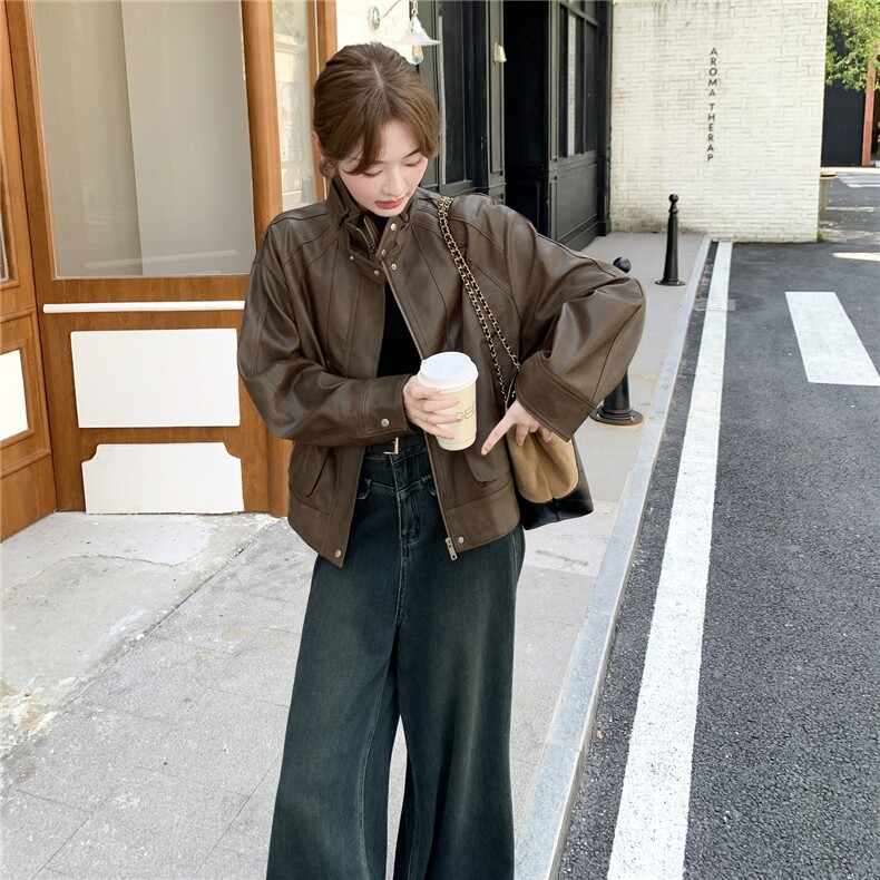 美拉德咖色复古皮衣外套女2025秋季美式设计感宽松机车服淡人夹克,女装皮衣,2C325