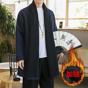 2020冬季中国风开衫加绒加厚亚麻长袖开衫披风男外套D584P105图片