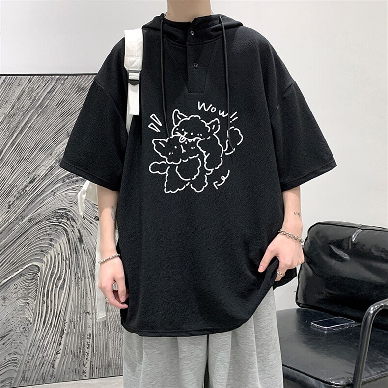 LD5427-P45连帽短袖t恤男大码胖子带帽五分袖中袖,男装T恤,电商A040