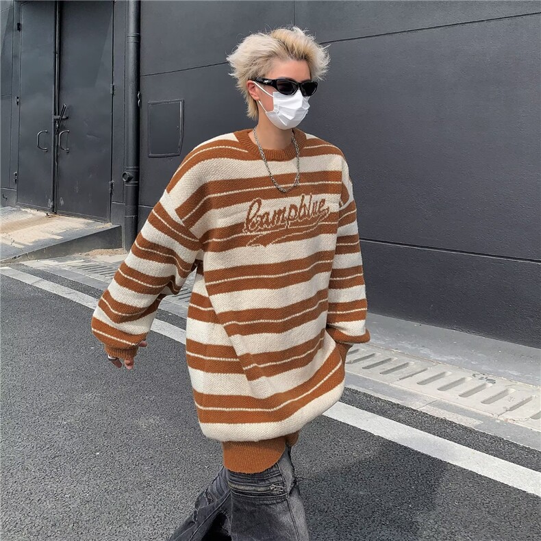 条纹毛衣日系慵懒复古男士针织衫秋冬季新款外套高级感线衣服图片