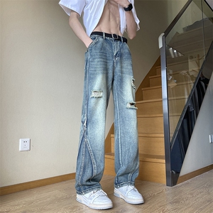 破洞牛仔裤男直筒宽松春秋季牛仔裤N750-P45图片