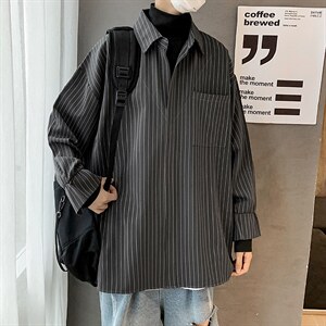 春秋季ins男长袖条纹假两件拼接衬衫潮流高领外套潮  W2631-P42图片