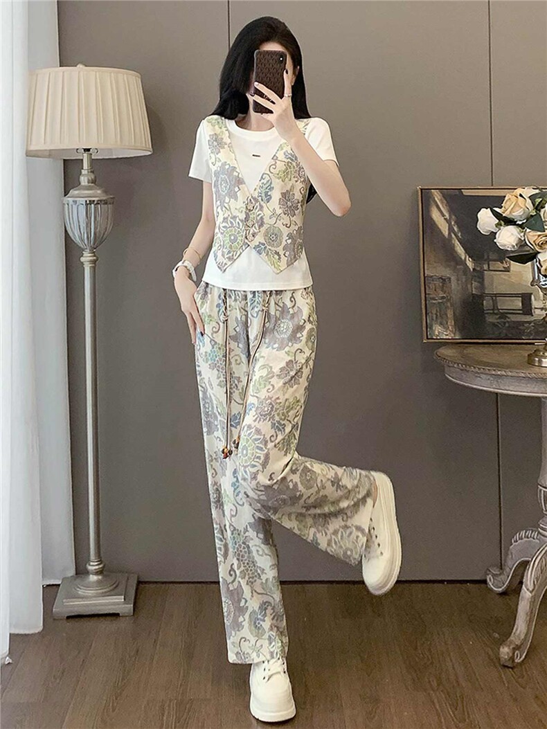 设计感时尚气质简约套装女夏圆领印花马甲假两件套阔腿长裤两件套,女装套装/套裙,江南