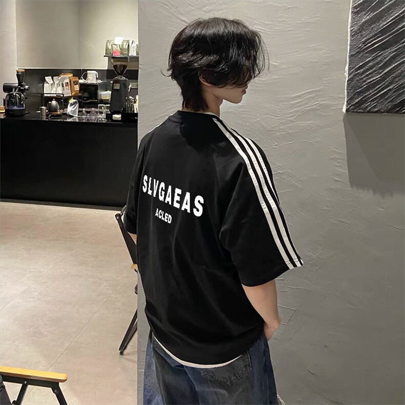 抖音得物高品质二开240克宽松纯棉美式潮牌三条杠织带短袖T恤,男装T恤,电商A486-1
