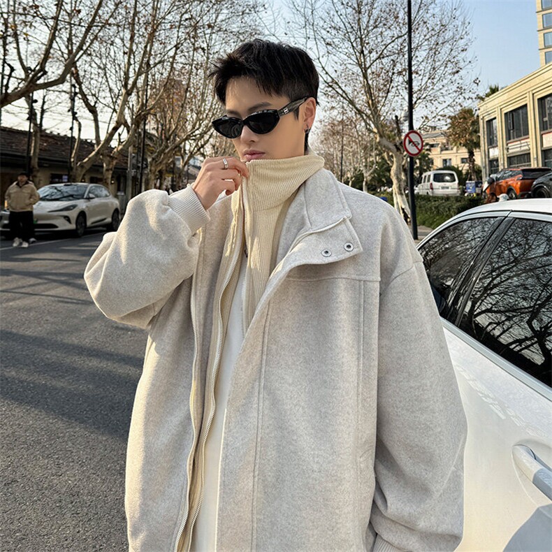 美式假两件毛呢夹克棉衣外套男秋冬宽松休闲棉袄高街痞帅立领棉服图片