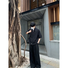 cleanfit黑色翻领衬衫褶皱纹理结构拉链t恤上衣半袖男CS11批40，男装衬衫，星座218-5