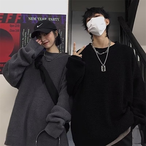 港风新款圆领毛衣男女韩版宽松潮流情侣休闲套头打底针织衫M803图片