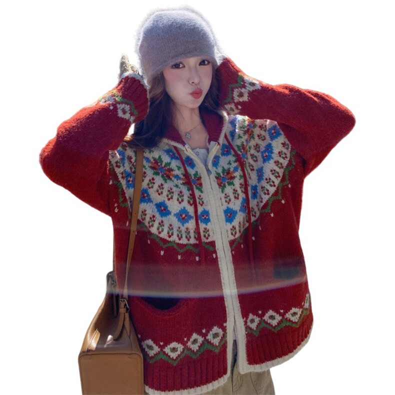 韩系宽松连帽红色毛衣外套女2025年秋冬新款穿搭慵懒风针织开衫潮,针织衫/毛衣,浙宝290（原306）