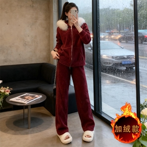 女秋冬新款时尚休闲套装宽松显瘦短款连帽毛领外套阔腿长裤两件套图片