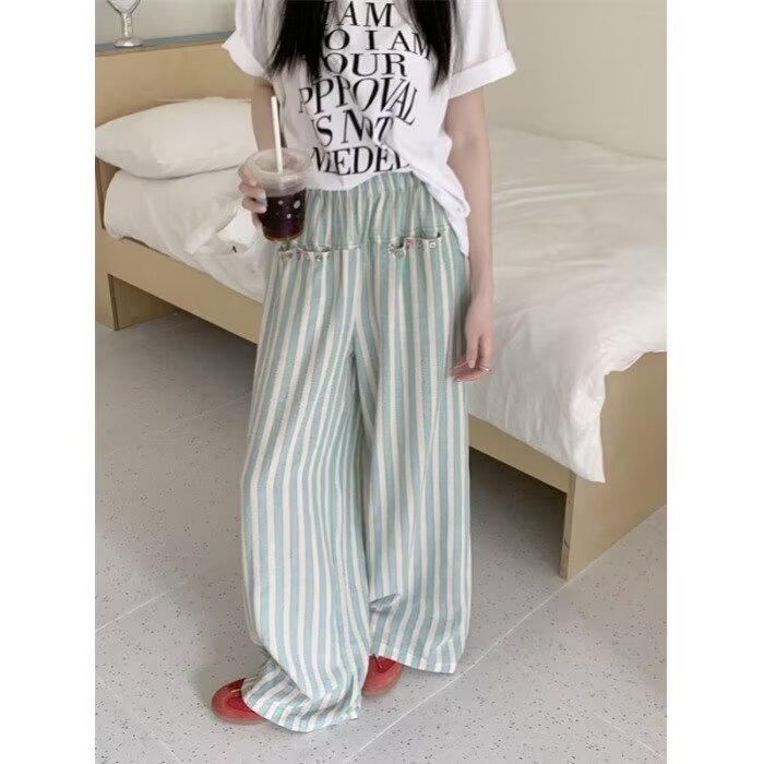 条纹裤女春秋夏季2025新款休闲宽松直筒小个子高腰垂感阔腿裤,男装休闲裤,星座1210-1