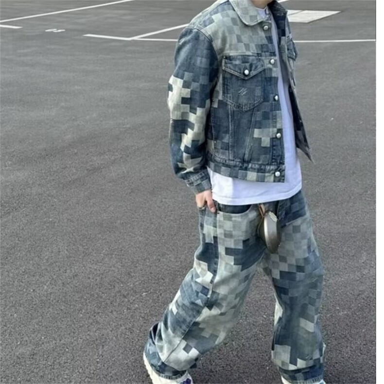 马赛克棋盘格拼接牛仔裤男款美式复古vibe裤子直筒修身微喇裤,男装牛仔裤,星座506A