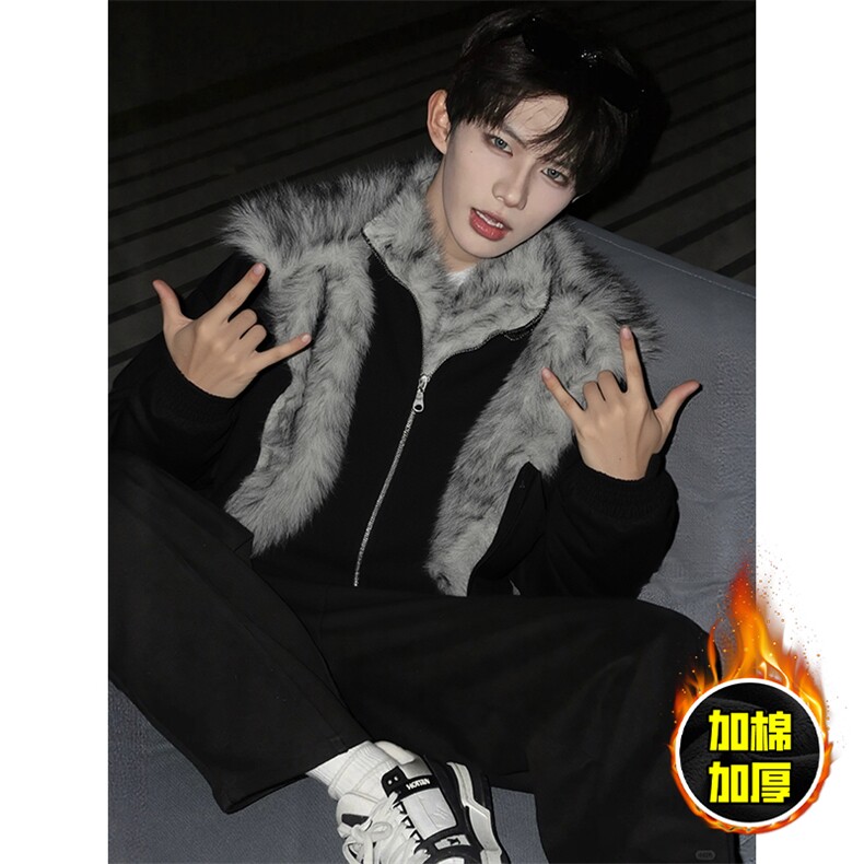 现货高品质美式高街重磅狼王座山雕毛毛领假两件棉衣加厚棉服外套，男装棉衣，电商A486