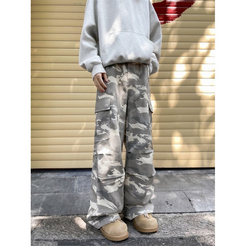 春秋季水洗做旧迷彩牛仔裤潮牌多口袋直筒宽松工装休闲裤,男装牛仔裤,星座410-7