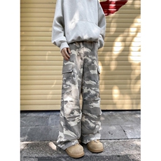 春秋季水洗做旧迷彩牛仔裤潮牌多口袋直筒宽松工装休闲裤，男装牛仔裤，星座410-7