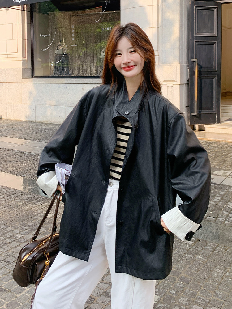 时尚立领休闲通勤风拼接皮衣外套女2025秋季新款设计感中长款夹克,女装皮衣,2D034