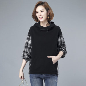 胖MM300斤连帽大码卫衣女春秋2025新款韩版宽松拼接格子上衣外套,女装卫衣/绒衫,伊满意
