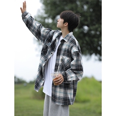 抖音好品格子衬衫男港风长袖衬衣宽松DX502P65控99，男装衬衫，电商B413-1